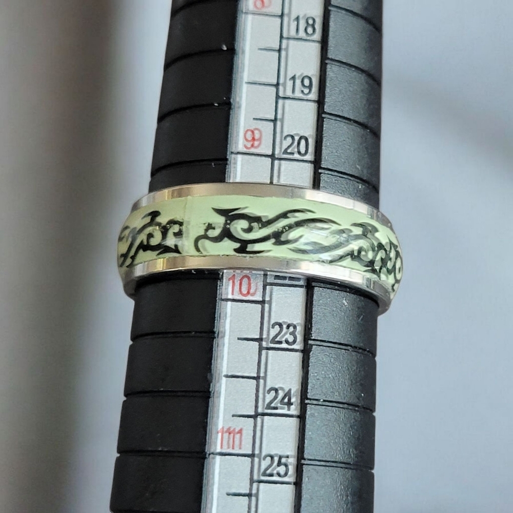 Silver and Black Tribal Design Ring Glow In The Dark